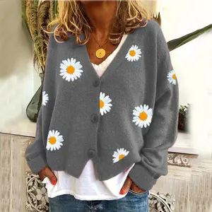 Women's Cardigan – Daisy Flower Embroidery, Long Sleeve Knitwear in Black, Gray, Orange, Green, Yellow for Autumn