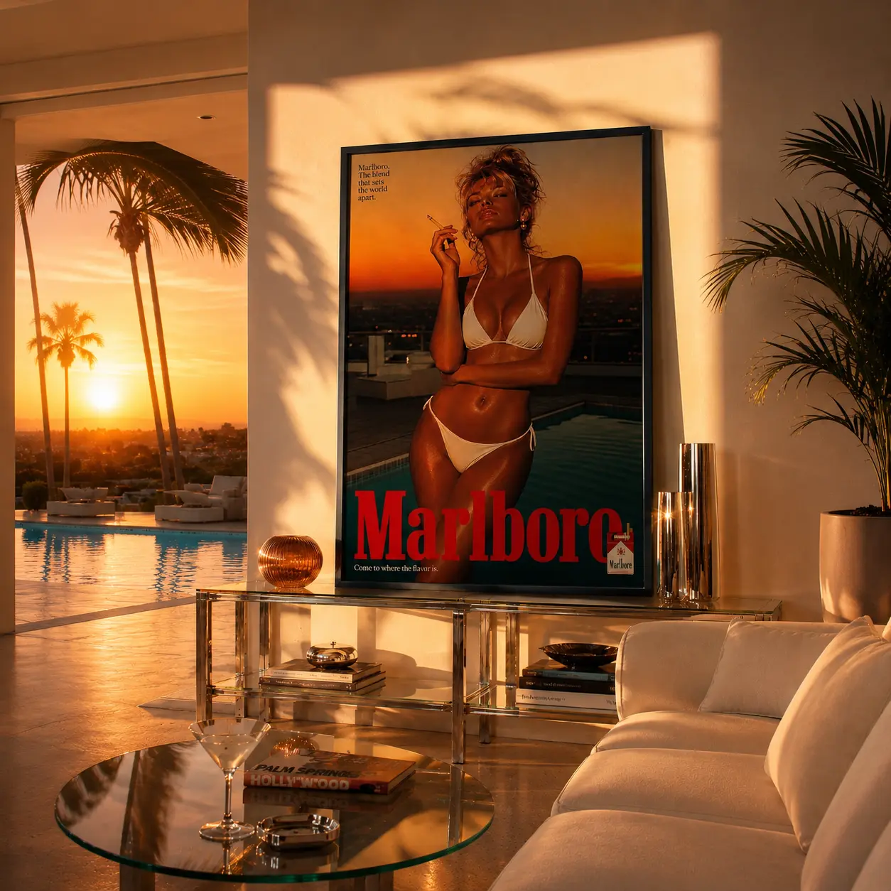 Top Rated Vintage Marlboro Sunset Pool Bikini Woman Framed Canvas Print, Retro Classic Cigarette Advertising Aesthetic Wall Poster, Vintage Bar Decor Gift For Retro Ad Collectors, Stylish Wall Art For Man Cave Lounge Bedroom Apartment