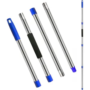 Mop Handle Replacement - 4-Section Adjustable from 30" to 58" - Durable Stainless Steel Mop Pole with  Thread Joint for Spin Mops & Brooms (Blue)