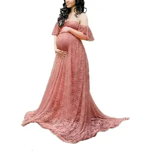 Maternity Photography Props Floral Lace Dress Fancy Pregnancy Gown for Baby Shower Photo Shoot