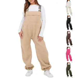 Tanming Women's Fleece Overalls - 2025 Warm Winter Casual Loose Sherpa Bib Jumpsuits with Adjustable Straps, Elastic Waist, Zipper, Buckle & Pockets for Skiing