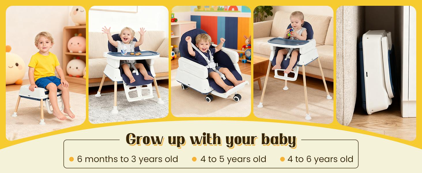 3 in 1 Baby High Chair,Portable Baby Highchair for Months Infants and Toddlers with 5 Point Harness Convertible Comfortable Seat for Cozy Eating Table Sit Up High Chair and Seats for Sitting Up Back Booster Feeding Chairs