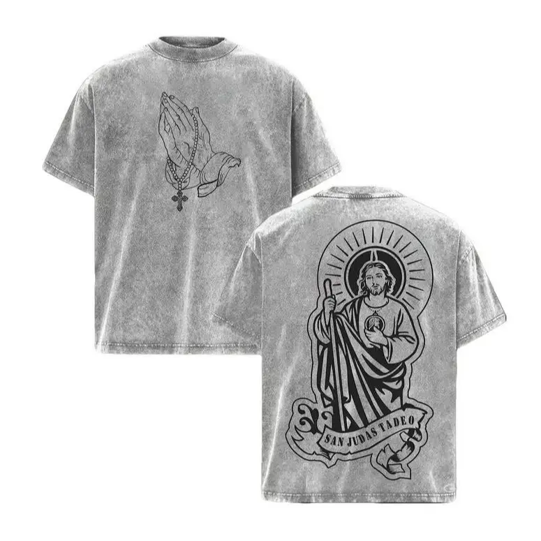 San Judas Tadeo T-Shirt Vintage Washed Christian Graphic Tee Prayer Hands Rosary Heavy Cotton Faith Streetwear Religious Unisex Outfit Menswear Classic Oversized