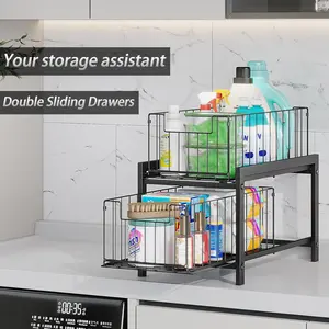2 Tier Sliding Basket Drawer Kitchen Mobile Organizer for Kitchen and Bathroom - Removable Pull-Out Countertop Storage Rack with Metal Shelves - Perfect for Countertop or Pantry - Large Capacity Sturdy Drawer Snack Rack - Kitchen Accessories 1 Pcs