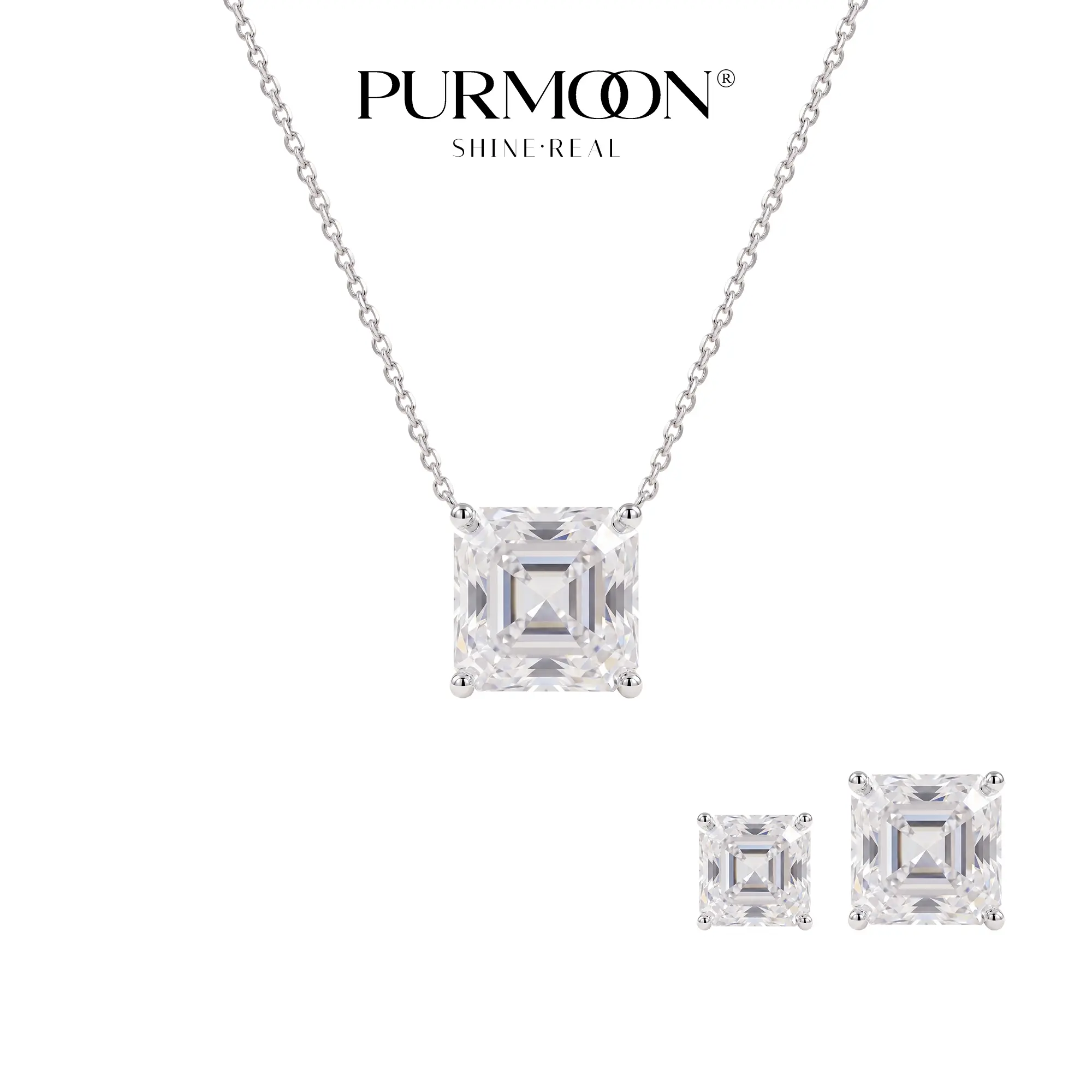 [Asscher Grace] Purmoon Jewelry S925 Sterling Silver Necklace & Stud Earrings for Women Asscher Cut Moissanite Pendant Necklace 1CT, 1CT / 2CT Stud Earrings Adjustable Chain Dainty Everyday Jewelry Gift
