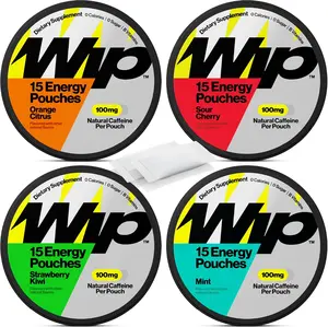 Wip Energy Pouches | 100mg Natural Caffeine | Vitamins and Minerals | 4 Pack Assorted: Sour Cherry, Mint, Orange Citrus, Strawberry Kiwi