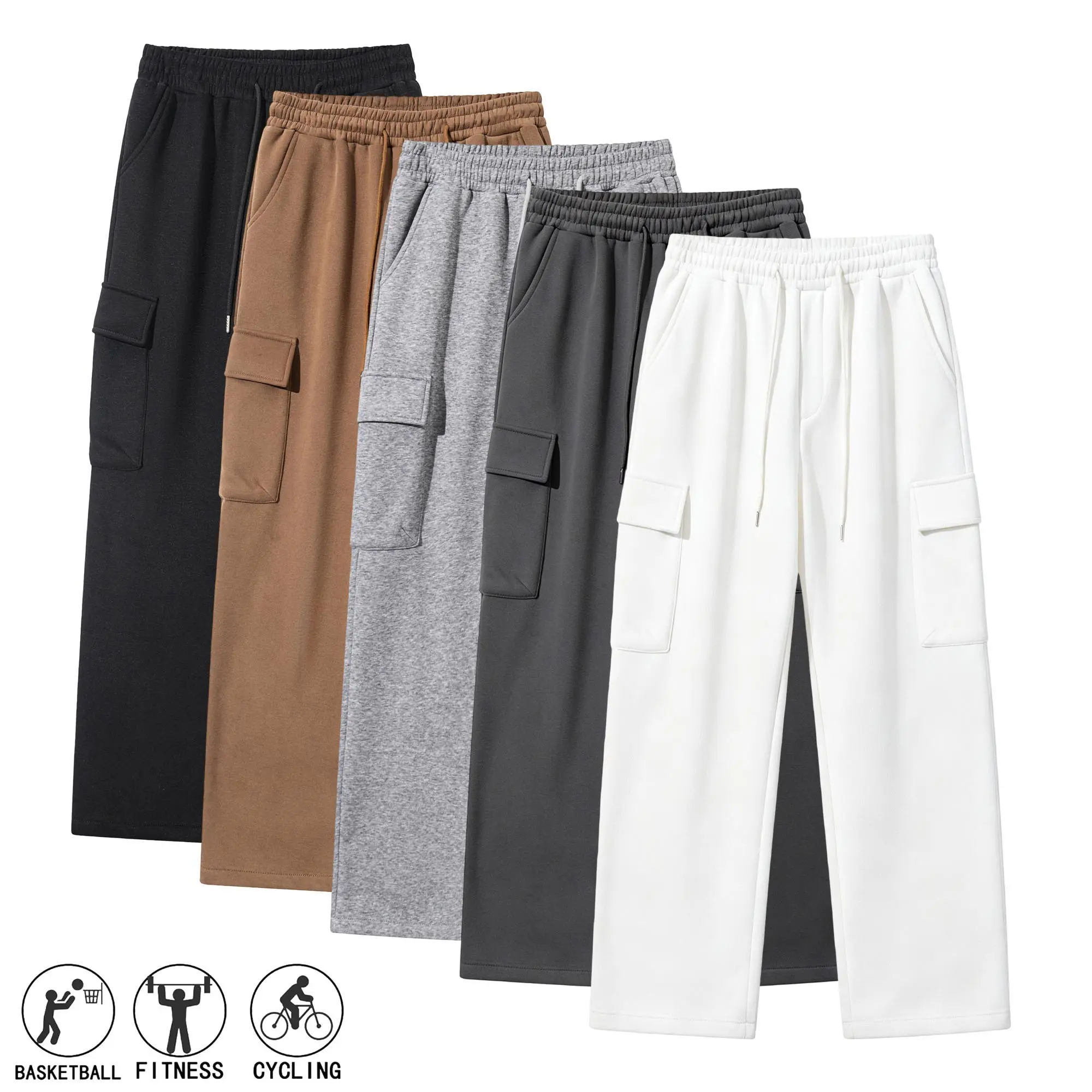 Men’s cotton multi-pocket casual loose wide-leg joggers; comfortable and soft with adjustable drawstring; menswear; suitable for everyday wear, commuting, streetwear, and sports.