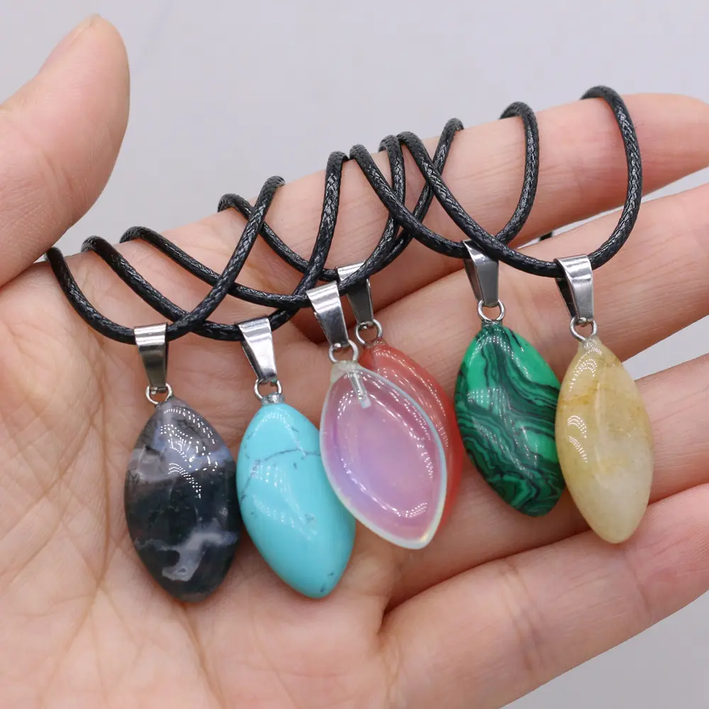 New Natural Semi-Precious Stones Pendant Necklace - 13x28mm Horse Eye Shape with Opal, Topaz, Malachite, 40+5 cm, Male/Female Holiday Gift Charm Jewelry for Christmas, Easter