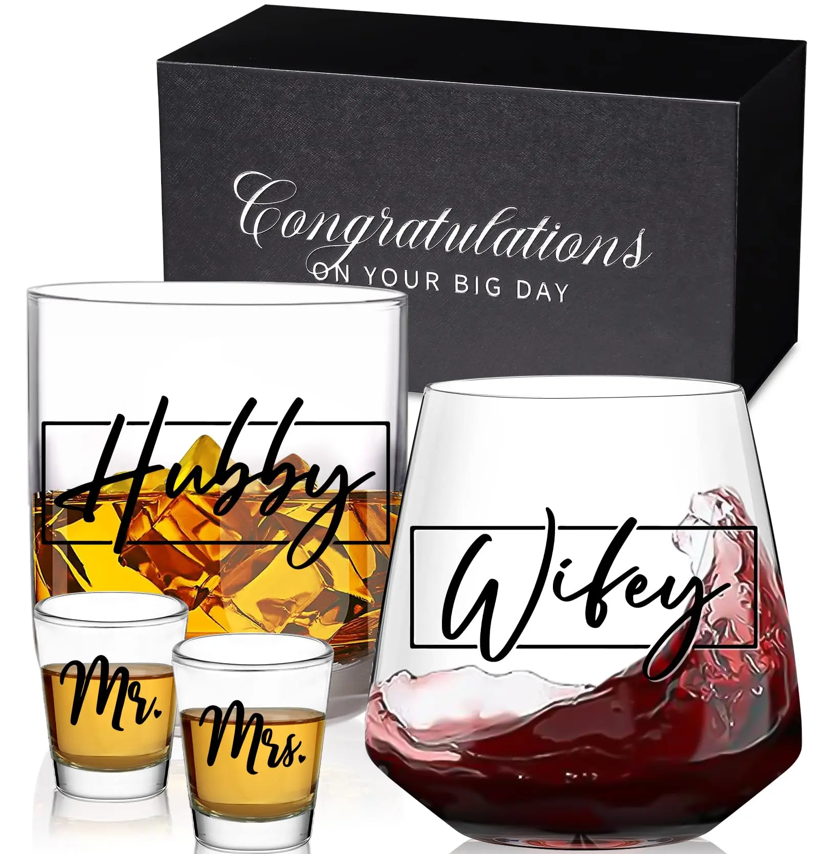 Everyday Drinking Glasses Set - Premium Glassware Couple Gifts, Unique Engagement Wedding Gifts for Newlywed Mr and Mrs, Festive Christmas Glass Cups for Him and Her