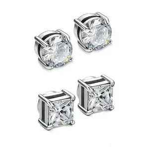 4pcs Simple Stainless Steel Cubic Zirconia Ear Clips, Sparkling Zirconia Magnetic Design Unisex Jewelry Set, Perfect Gift for All Seasons