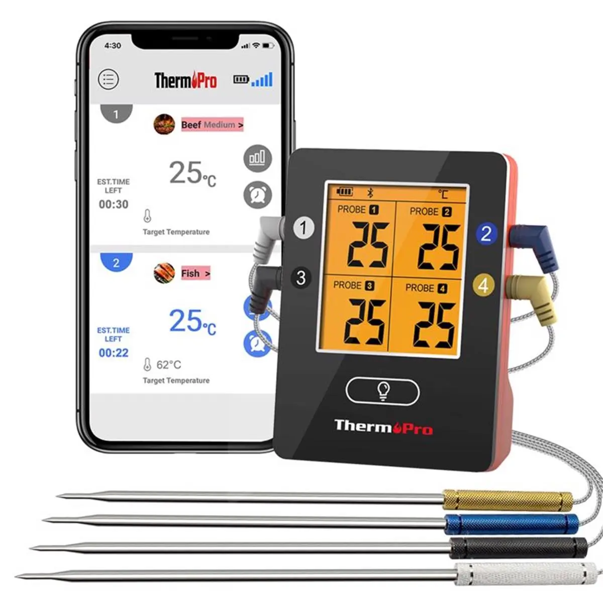 ThermoPro Wireless Meat Thermometer - Bluetooth Sync Digital Cooking Thermometer, LCD Display Kitchen Gadget, Stainless Steel & Silicone Components, 572°F Max Temp, Black & Red, Kitchen Gadgets