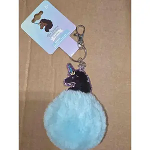 HER Afro Unicorn Powder Blue Puff Ball Key Ring