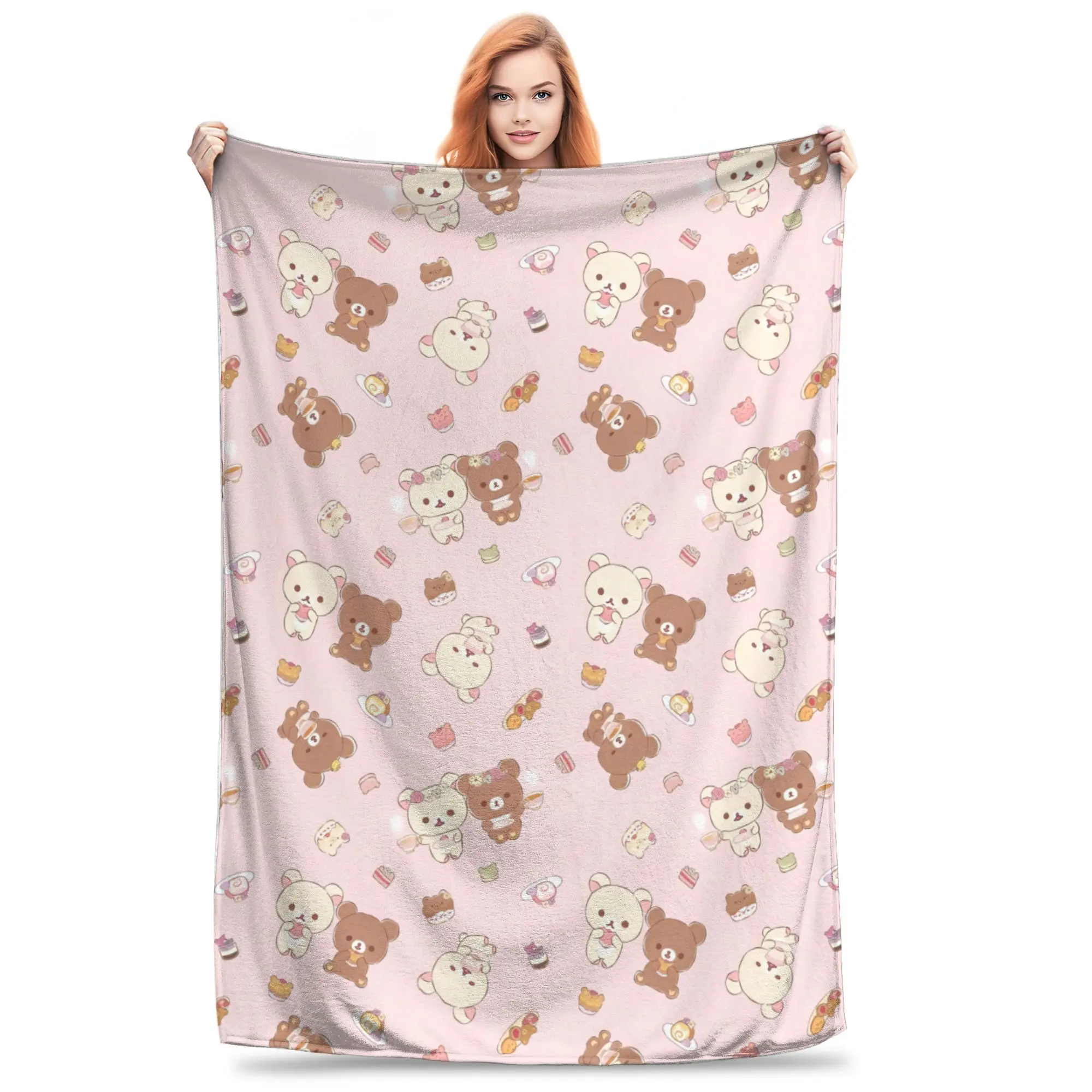Kawaii Rilakkuma Knitted Flannel Throw Blanket - Figure Print Blanket, Cartoon-Printed Bedding Accessory, Soft Warm Summer AC Use, Whimsical Room Decor, Teen Room Decor, Bedroom Gift summerwins,summerwins