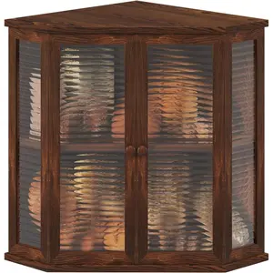 Corner Bread Box for Kitchen Countertop, 16.5 Inch Charred Pine 2-Tier Breadbox with Glass Wavy Door Panel,  Farmhouse Style  Design (Pine )