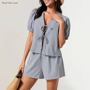 Women's Simple and Stylish Two-Piece Checkered Shorts Set - Loose V-neck Tie-up Puff Sleeve Top and High-Waisted Shorts, Casual Summer Set