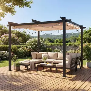 EROMMY  Retractable Pergola 10x10 Ft, Upgraded Sun Shade with Waterproof Canopy, Durable Metal Patio Shelter with Magnetic Attachment for Backyard Garden Deck (Beige)