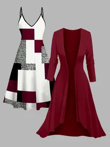 DRESSLILY 2025 Women's Colorblock Geometric Print Spaghetti Strap Dress and Open Front Top Set Christmas Dresses Matching Set, Valentine's Day Gift