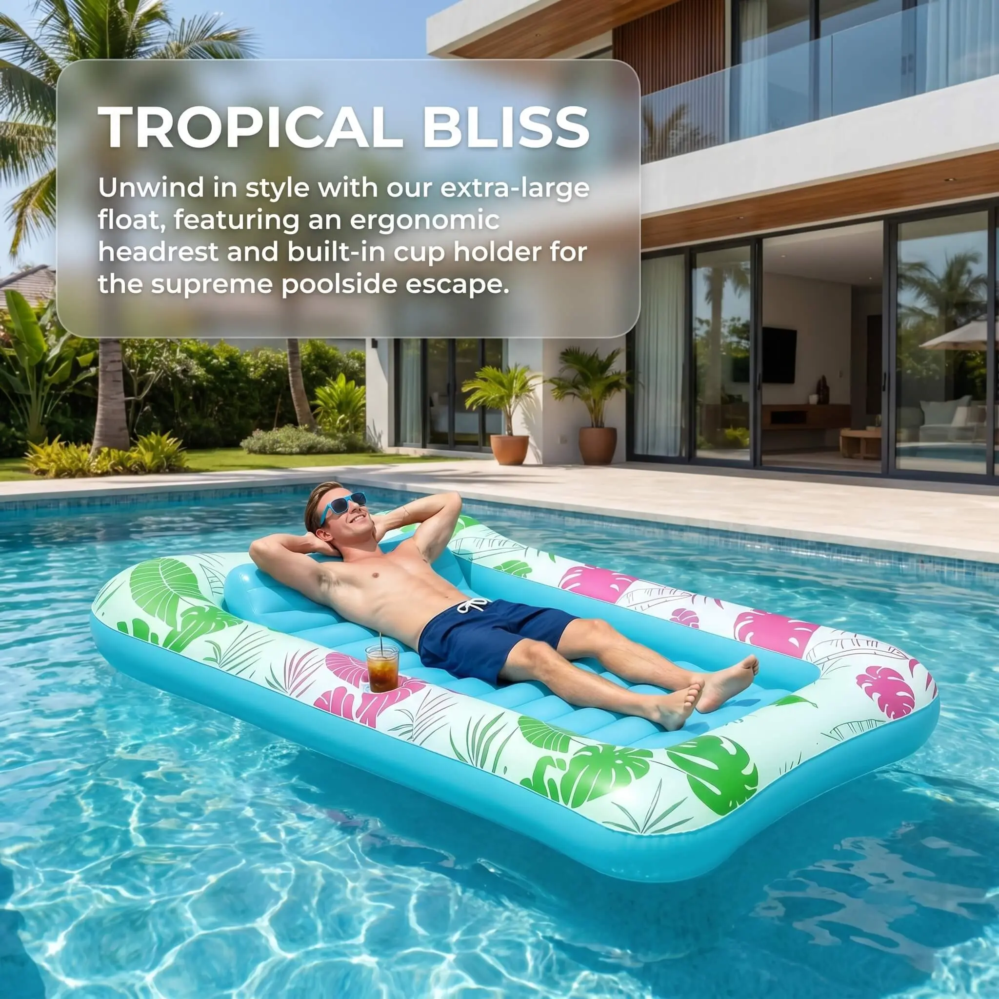 4-in-1 Inflatable Tanning Float Lounger 77' x 53', Pool Floating Bed with Removable Pillow, Sunbathing Raft for Water & Backyard Party, Adult Floating Recliner for Summer, Great Gift Choice