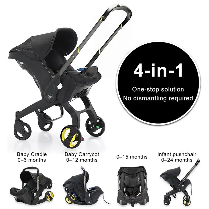 Baby Stroller 4 in 1 Multifunctional One Click Fold 2 Way Push Convertible Bassinet Infant Carrier 5 Point Safety Harness with Chest Clip Shock Absorbing Wheels No Latch Base Lightweight Travel Friendly for Newborn Toddler Pink Black outdoor use 5-point