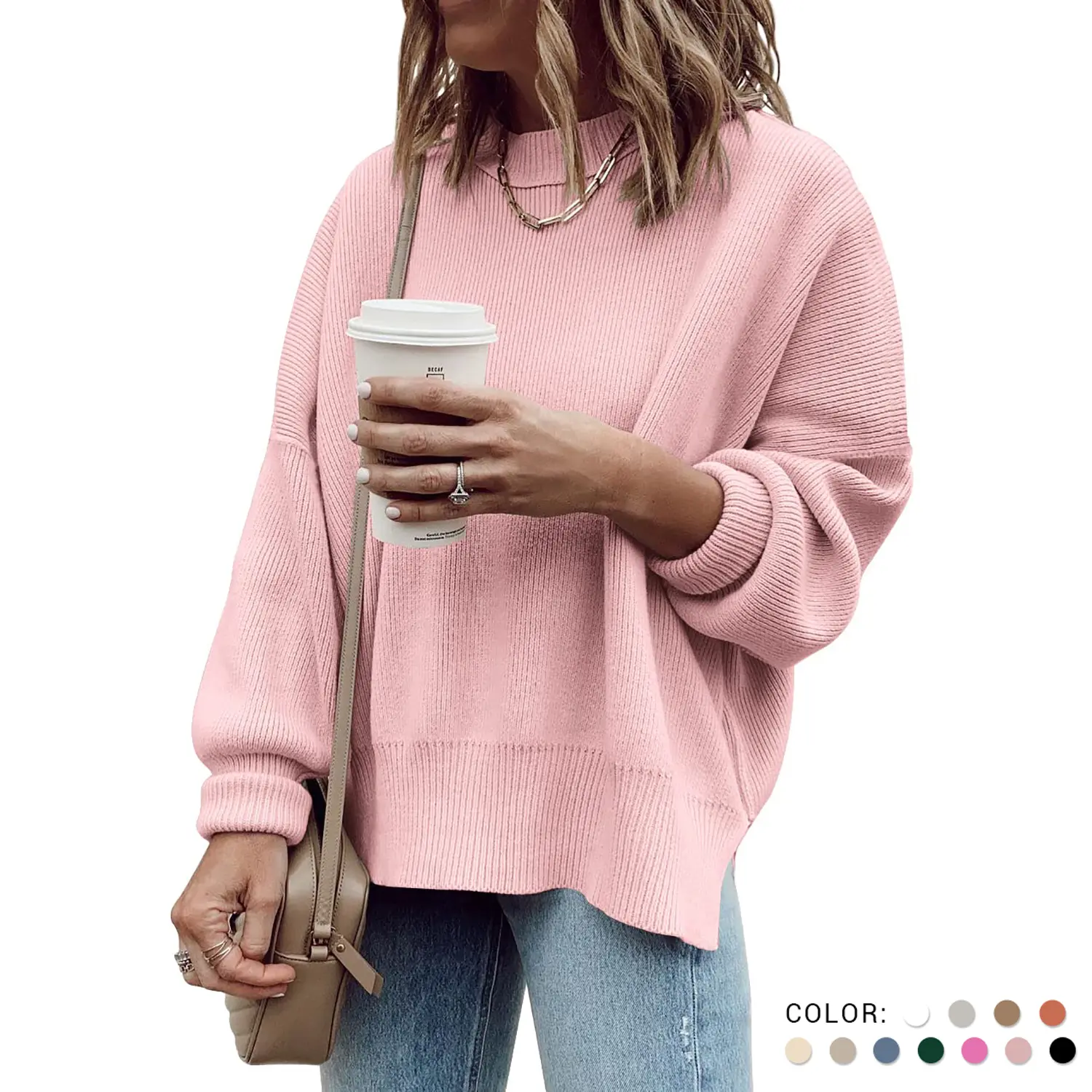 Women's Oversized Crew Neck Knitwear, Casual Long Sleeve Ribbed Tunic Sweater with Side Slits in Soft Fabric, Nylon, Lady, Pullover, Tunic Length, Extra Long, Pull On, Tops, Long Sleeves