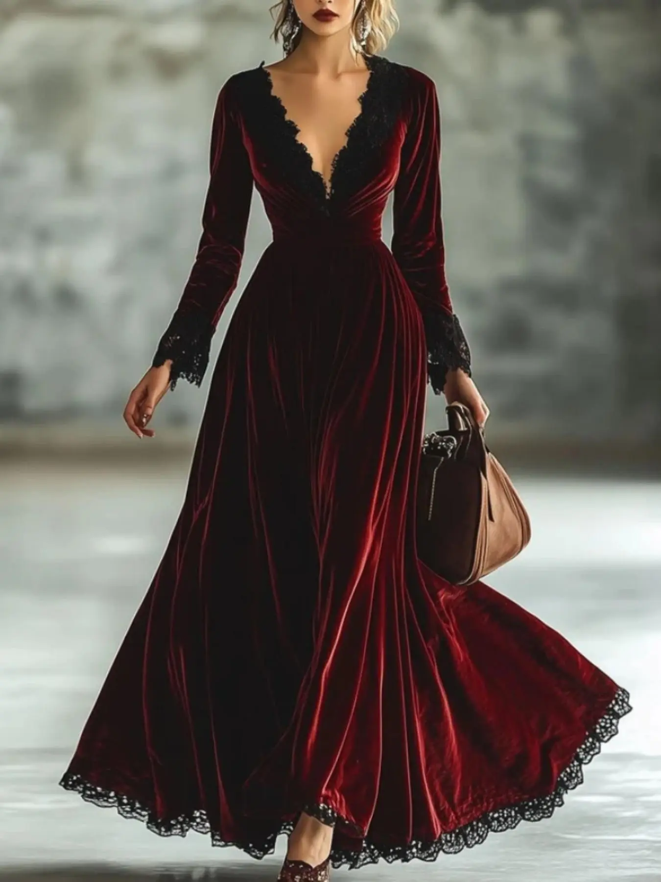 Women's Casual Lace Patchwork High-End Formal Evening Dress, Long Sleeve Plain Pattern, Chic Elegant Style for All Seasons, Perfect for Special Occasions, Elegance