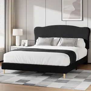 Garvee Queen Size Upholstered Headboard Bed Frame with Low Profile Platform, Rounded Corner Design, Durable Wooden Slats, Quiet and Sturdy Construction