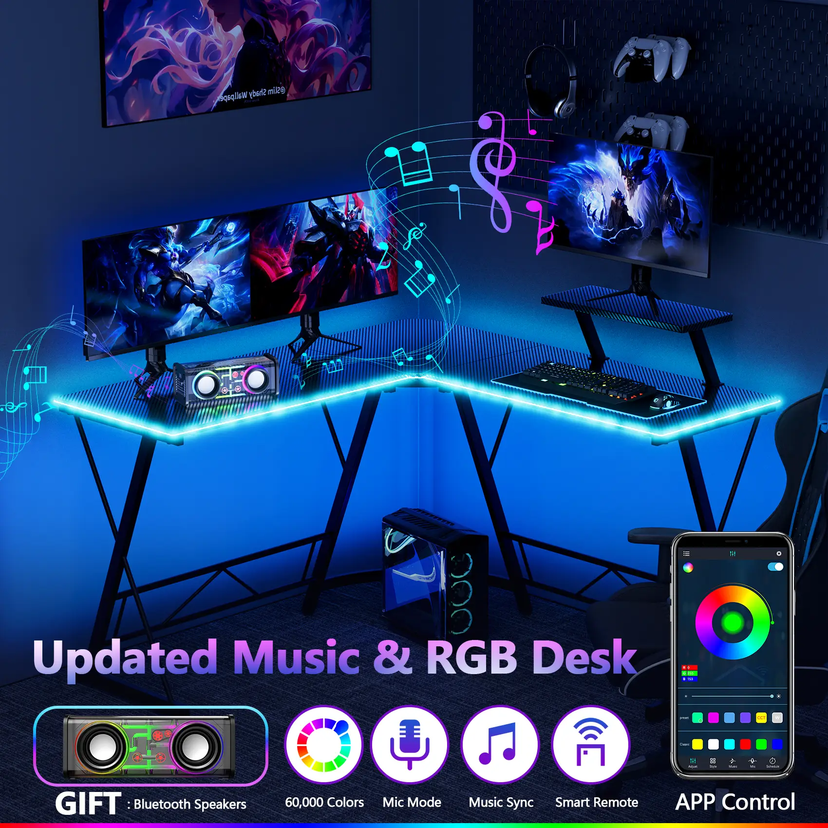 【With Cool Speaker】Mr IRONSTONE L Shaped Gaming Desk with Led Lights, Corner Computer Desk with Carbon Fiber Surface,L shaped desk, Home Office Desks