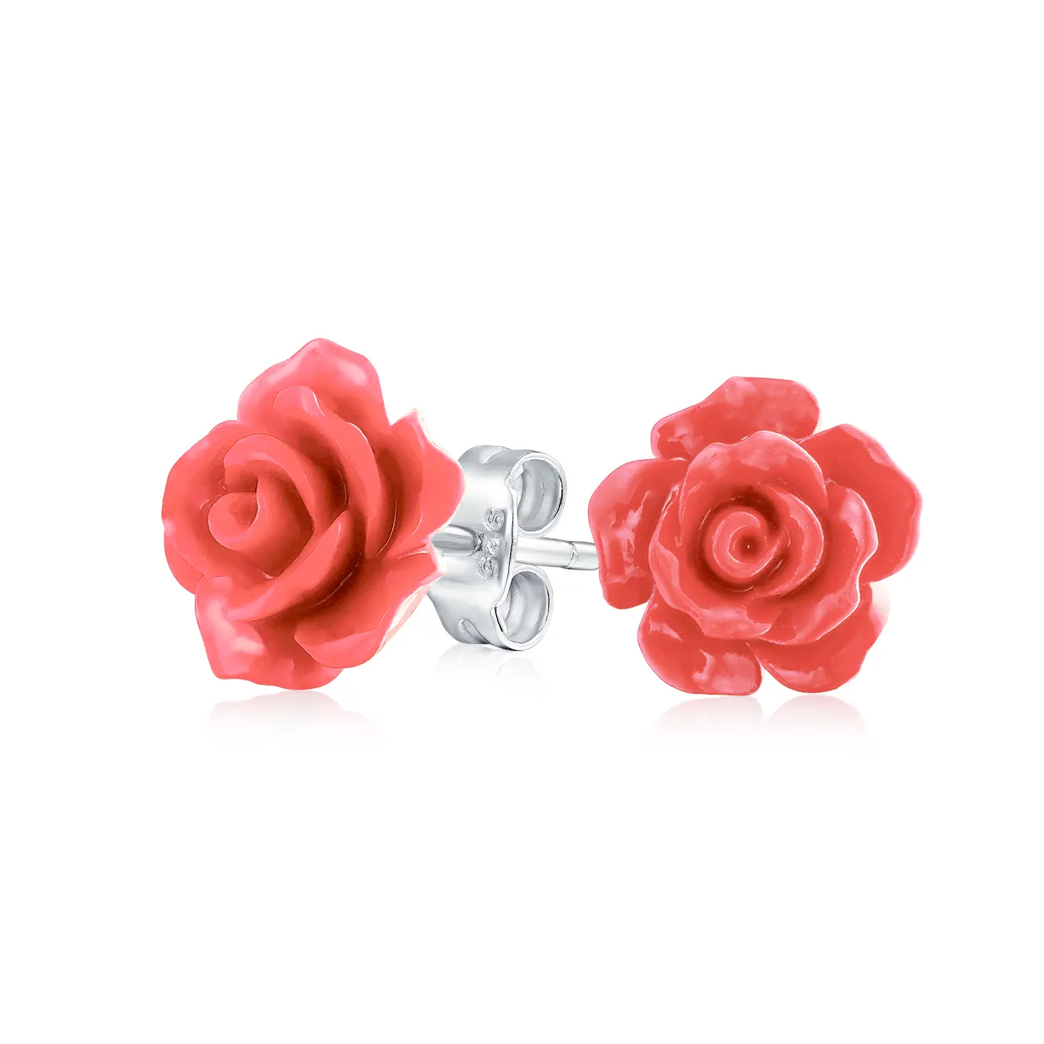 Pink Blue Yellow Black Purple White Red 3D Rose Flower Stud Earrings Silver