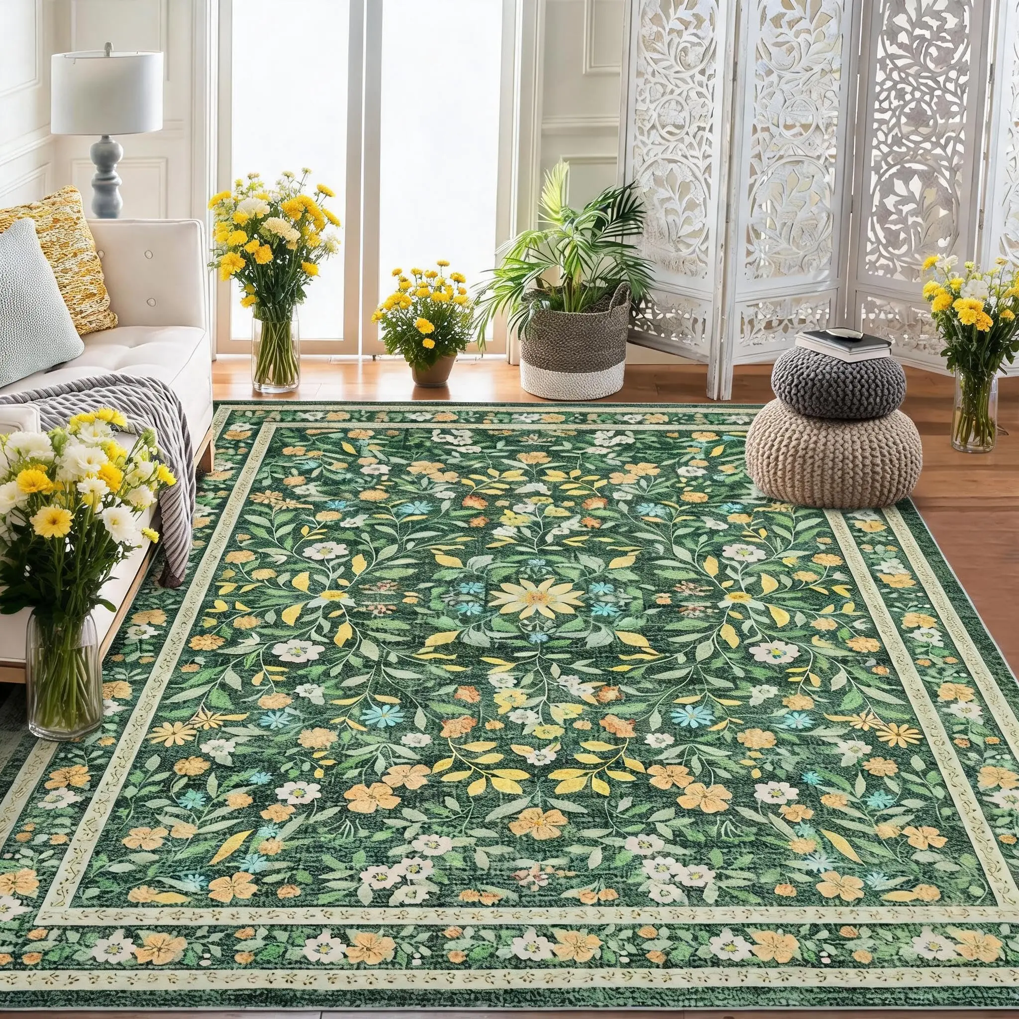 10*13FT Washable Rug Floral Area Rugs for Living Room Non Slip Ultra Thin Boho Flower Indoor Floor Carpet for Girls Room Nursery Playroom