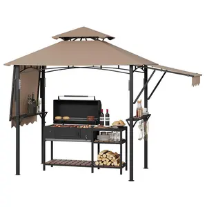 Gaomon 8x5 Outdoor BBQ Grill Gazebo, Double-Tier Patio Grill Shelter with Adjustable Dual-Side Awnings, 2 Handy Shelves, Hooks, Ceiling Light Hook & Heavy-Duty Steel Frame for Backyard, Khaki
