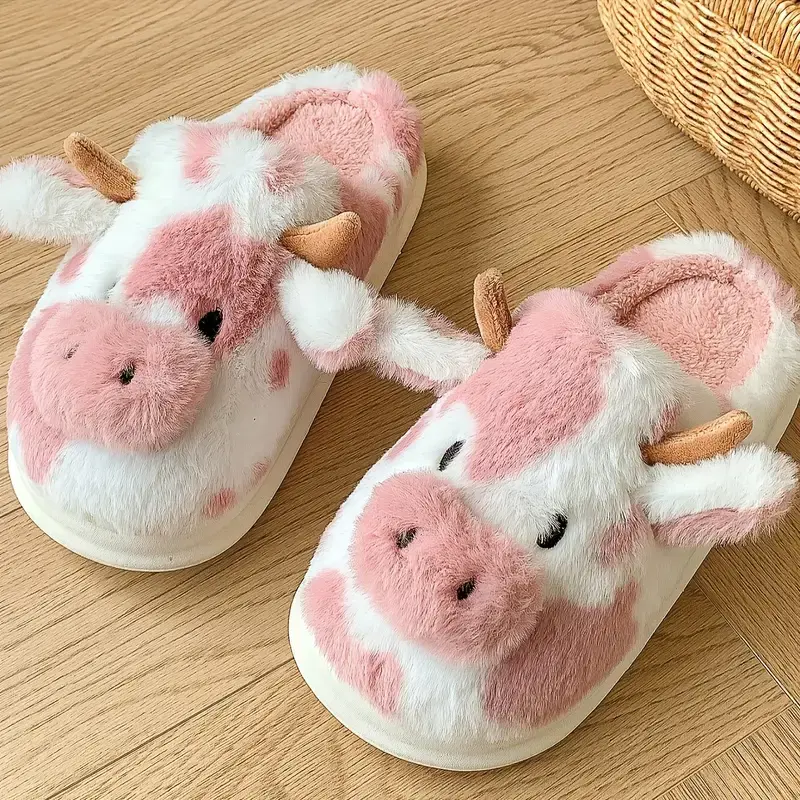 Cute Cartoon Cow Animal Fuzzy Slippers for Women,Warm Plush Winter Slippers | Soft plush fuzzy fabric, lightweight build, cow‑themed print, for indoor & casual‑outdoor daily wear