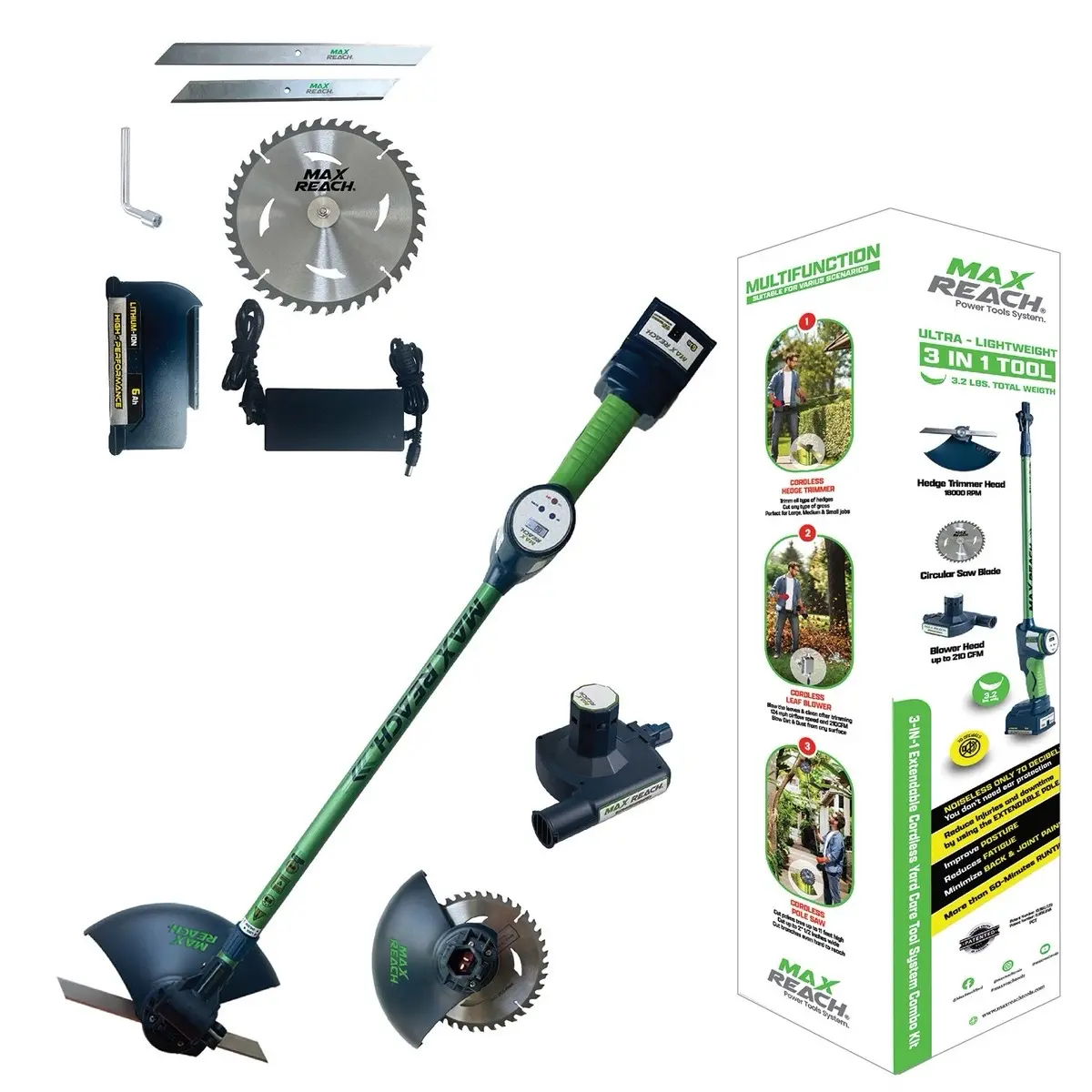 Max Reach Tools - Includes Adjustable Hedge Trimmer, Chainsaw Blade, & Screwdriver, Ideal for Versatile Use