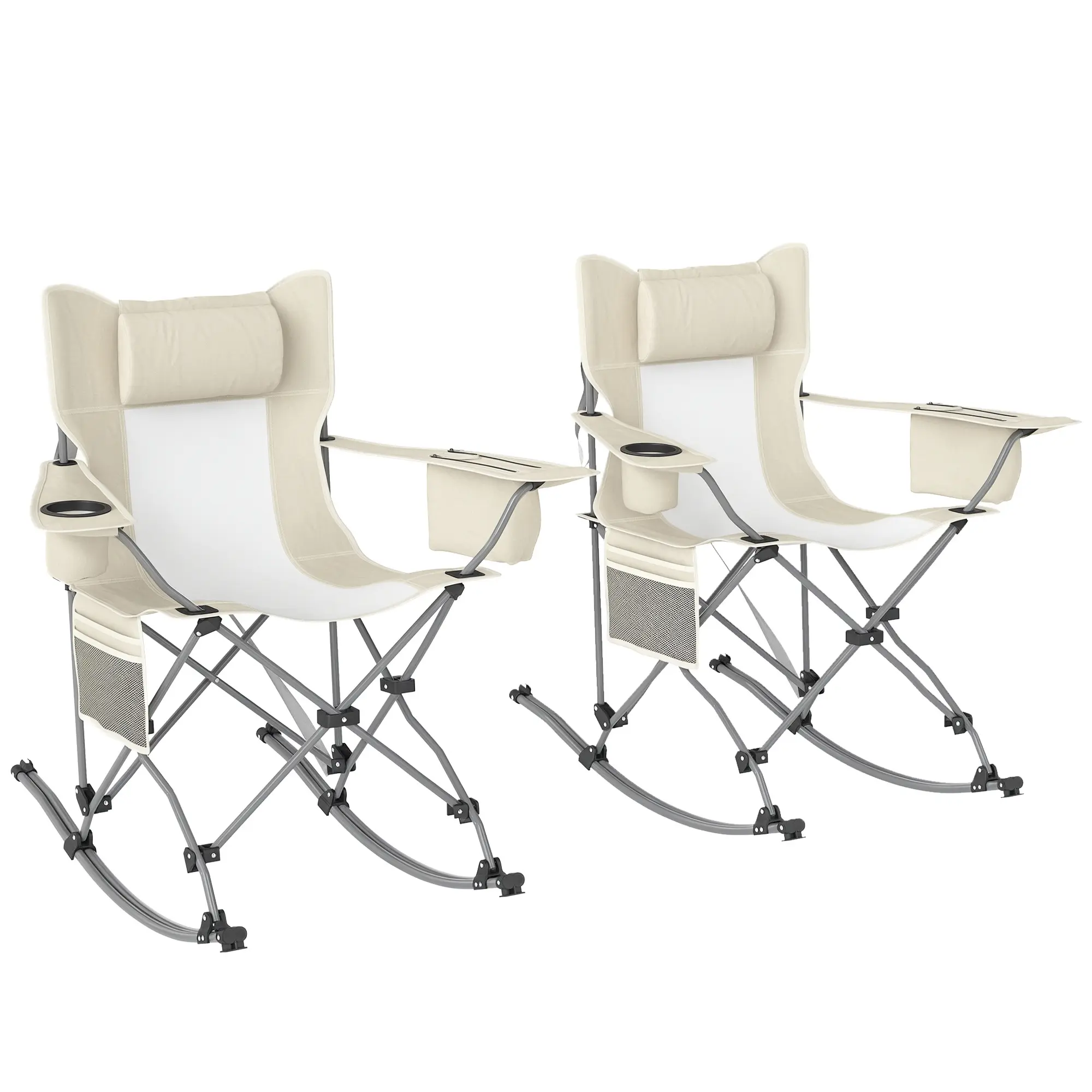 Outsunny 2-Pack Folding Rocking Camping Chairs for Adults - Adjustable Portable, Compact Collapsible, Flexible Foldable, Foldable Seat, Cupholder Chairs with Headrest, Cooler Bag, Carry Bag for Picnic, Outdoor Travel, Adjustable Portable Chairs