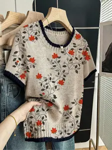 Women's Plant Print Round Neck Sweater, Casual Short Sleeve Knitwear for Spring Summer Fall, Comfortable Warm Daily Wear