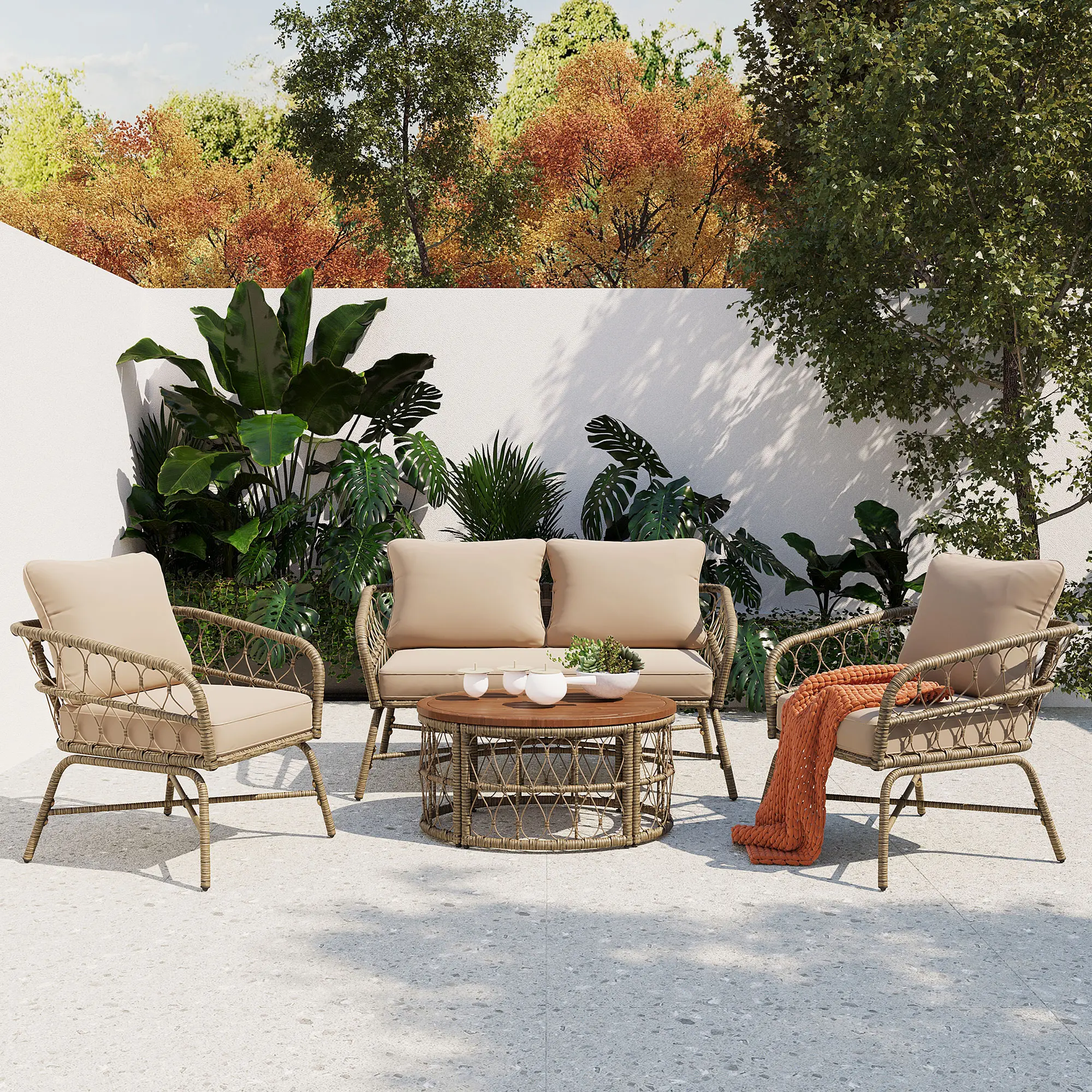 Eyisean 4-Piece Boho-Inspired Outdoor Seating Group (4 Seats) - Durable Wicker Patio Set with Oval Acacia Tabletop, Comfy Loveseat, Chairs, Removable Waterproof Polyester Cushions, Pillow Covers, Adjustable Features, Assembly Required for Backyard, Garden