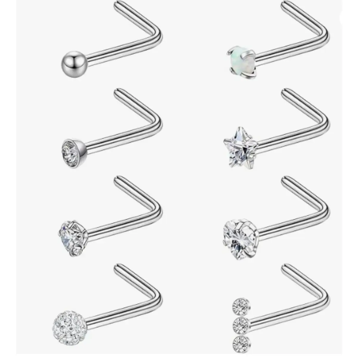 8 Piece Stainless Steel Nose Studs, 20g Hypoallergenic Safety Piercings for Female & Men, L-Shaped & Push-In Flat Back Set with CZ Star Design, Fade Resistant, Nose Piercing, Daily Wear