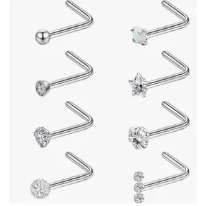 8 Pieces of Stainless Steel Nose Ring Studs - L-shaped 20g, CZ Star Shaped Nose Ring Studs for Women and Men, Perfect for Birthdays, Parties, Christmas, and Wedding Anniversaries