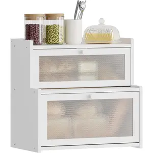 Bread Box for Kitchen Countertop, Large Bamboo Bread Storage Container with Double Layer, Bread Holder for Homemade Bread, Farmhouse Corner Organizer for Pantry (White)