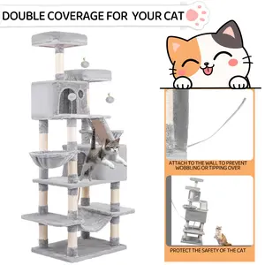 Cat Tree, 67-Inch Tall Tower for Indoor Cats with 2 Perches,2Big Condos, 2 Hammocks, Basket, Scratching Pad, LargeCatFurniture and Condo, Light Gray
