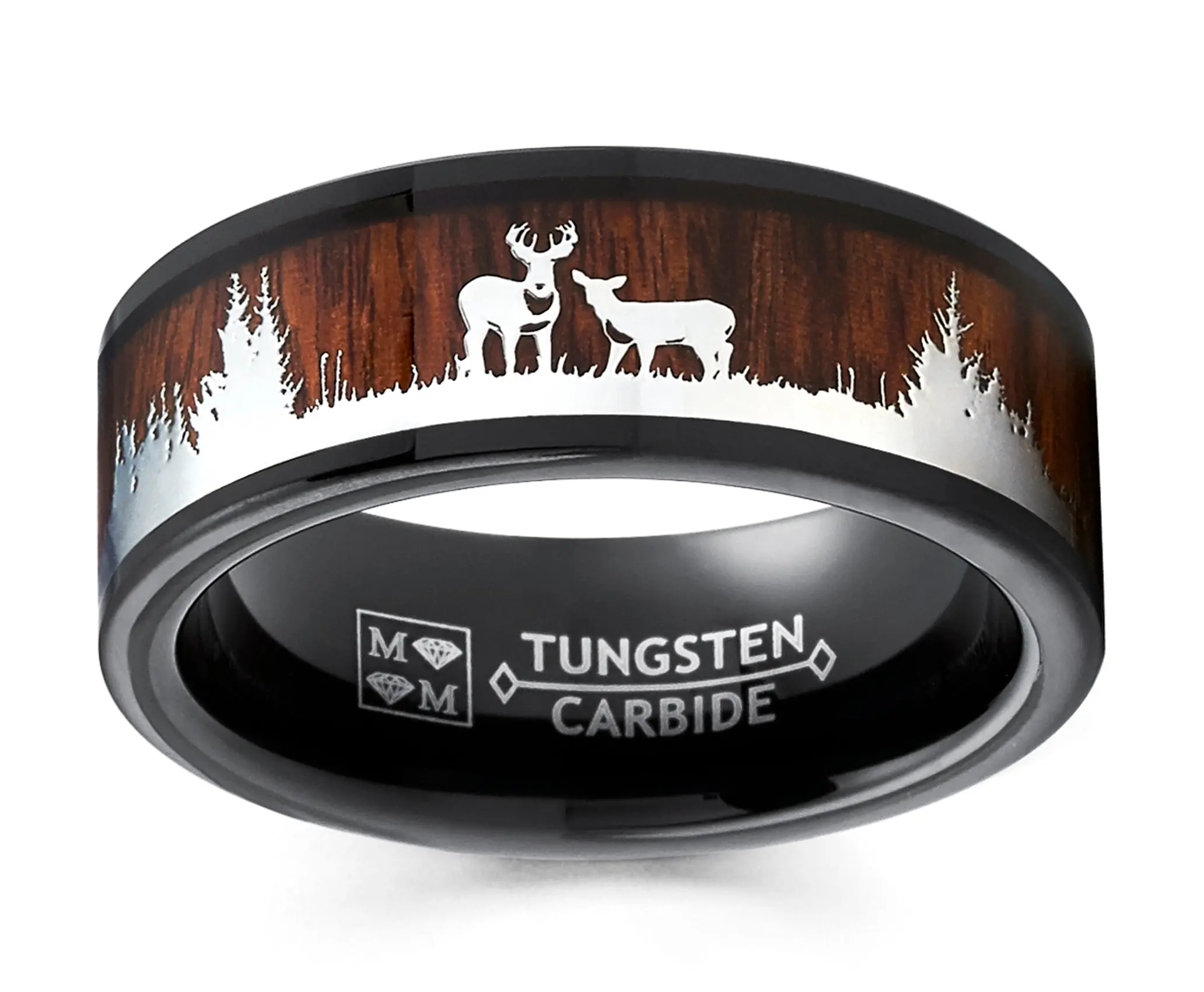 Men's 8MM Black Tungsten Carbide Ring - Animal Theme Wedding Band with Deer & Trees Detail, High-Polish Keeps Shine, Ideal Mens Gifts for Hunting & Nature Enthusiasts, Animal Theme Ring, Hypoallergenic Fit, Scratch-Resistant