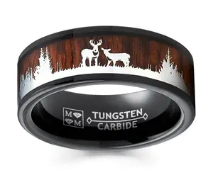 Men's Black Tungsten Hunting Ring Wedding Band Wood Deer Nature 8MM