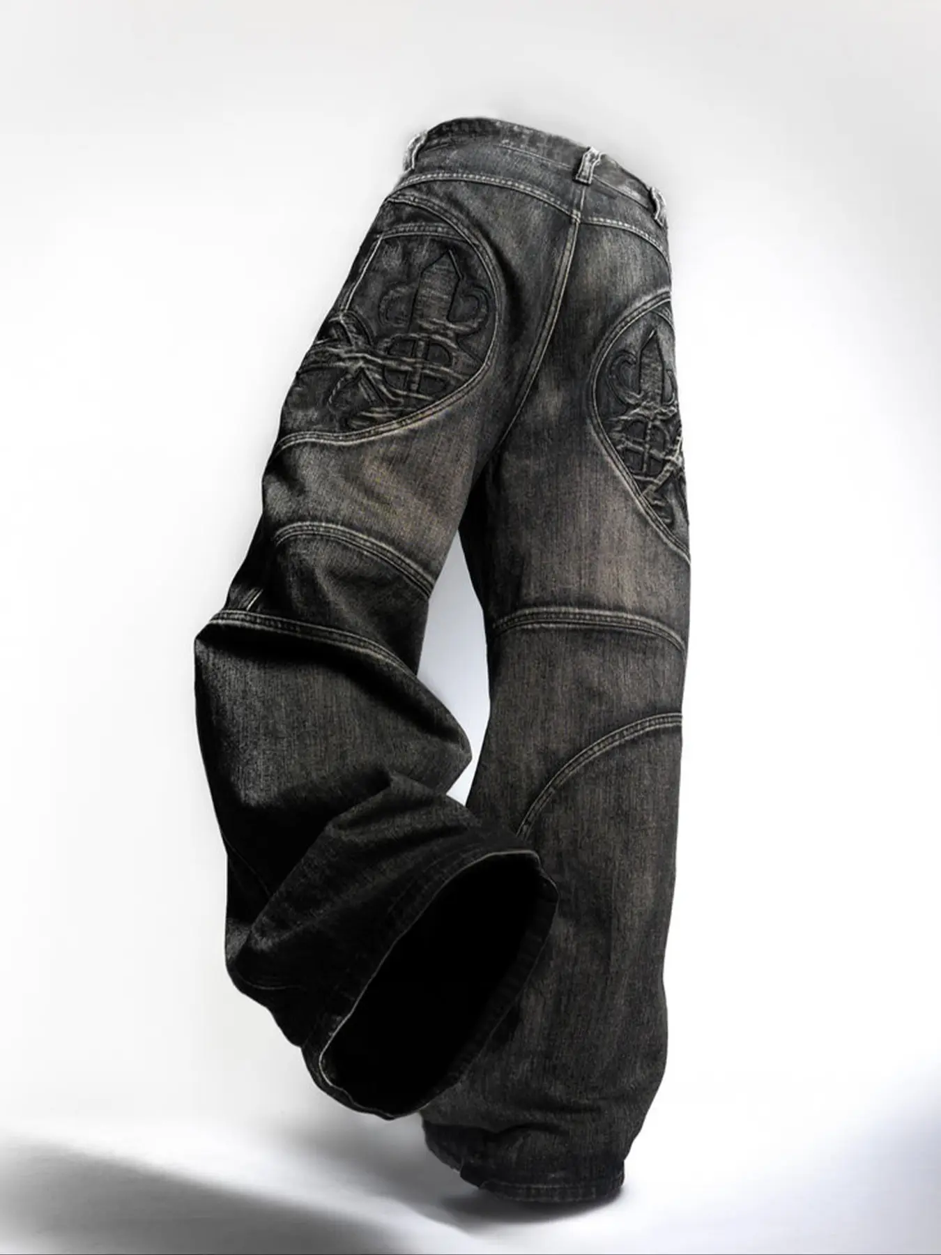 Men's Loose-Fit Classic Skate Embroidered Jeans with Pockets, Aesthetic Street Style Casual Denim Pants for All Seasons, Comfortable Outdoor Wear, Streetwear