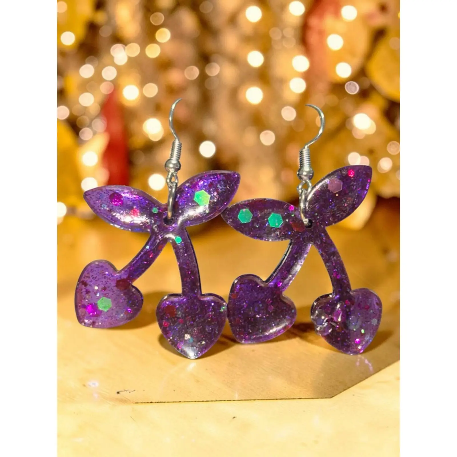 Angel Trumpet LLC Handmade Purple Glitter Cherry Resin Dangle Earrings Heart-Shaped Design Multicolor Glitter Accents Silver-Tone Fishhook Y2K Jewelry