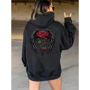 Women's winged heart & red roses Graphic Hoodie - Long Sleeve Pullover Regular Fit | Soft & Breathable Fabric, Durable Print, Everyday Comfort, Machine Washable, edgy streetwear urban outdoor