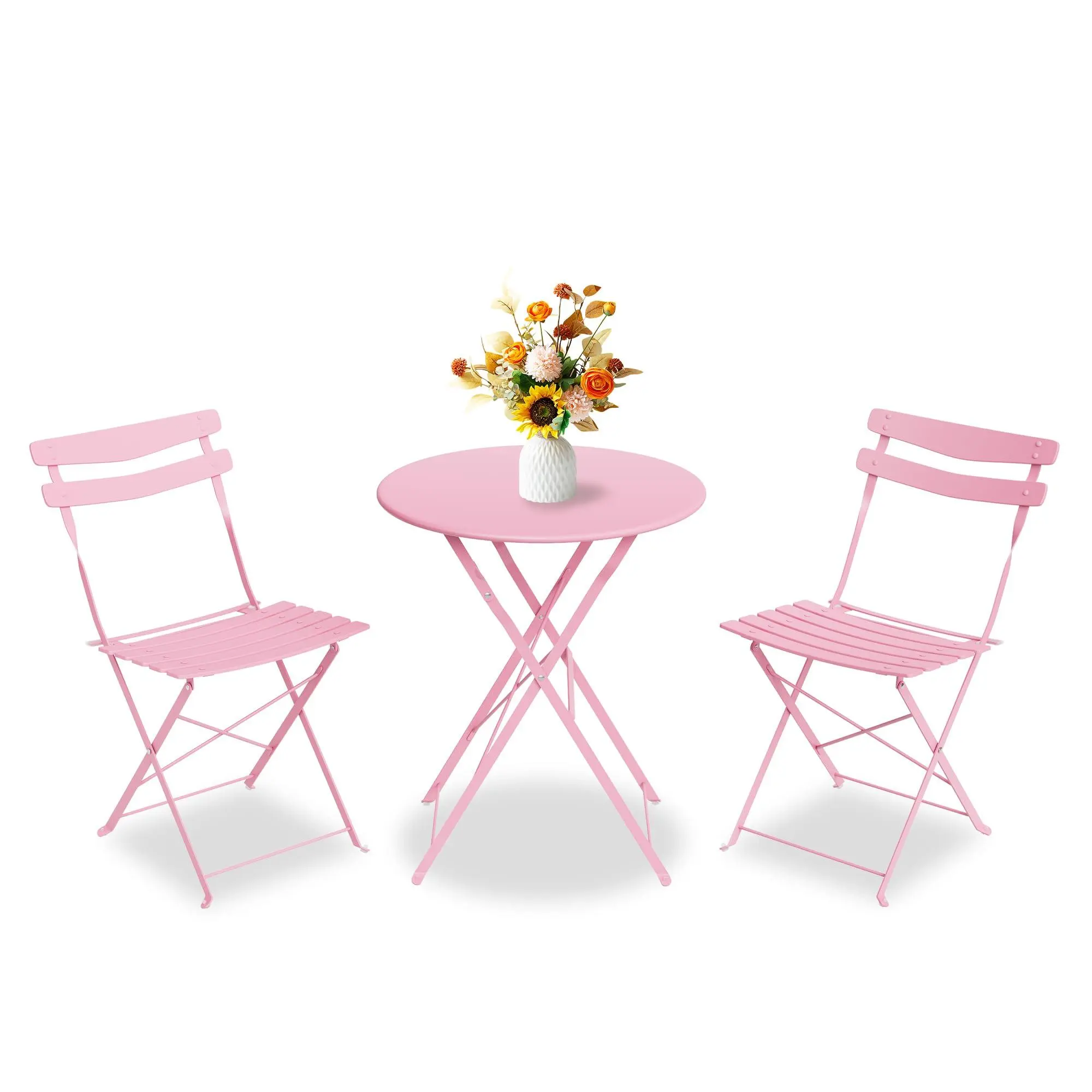 Gaomon 3 Piece Patio Bistro Set, Folding Patio Bistro Table and Chairs Set of 2, Outdoor Patio Furniture Set, Metal Structure, No Assembly Needed, for Balcony Yard Garden, Pink