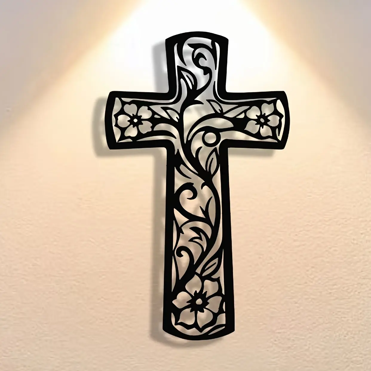 Handicraft: abstract Christmas cross with hollow grape flowers on metal plaque. Wall artwork, modern decor suitable for offices, living rooms, bedrooms. Religious Home Decor, Crosses Wall Decor, Cross Decoration