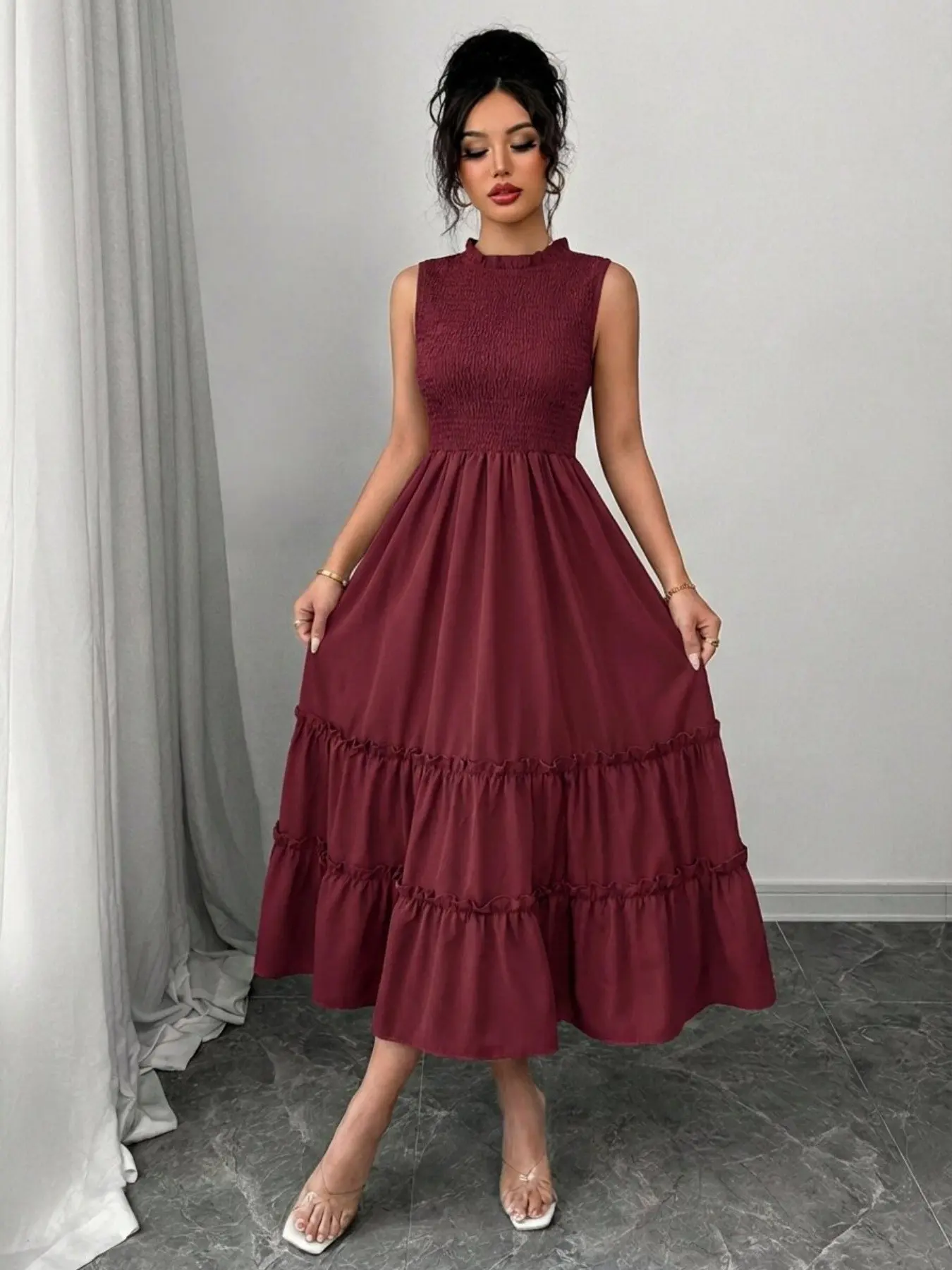 Summer Casual Aesthetic Womenswear Sleeveless Ruched Round Neck Wooden Trim Waist Cinched Pleated Beach Vacation Mid-Length Solid Color Dress Lady Fit Casual Boho Casual Style Chic Sundress
