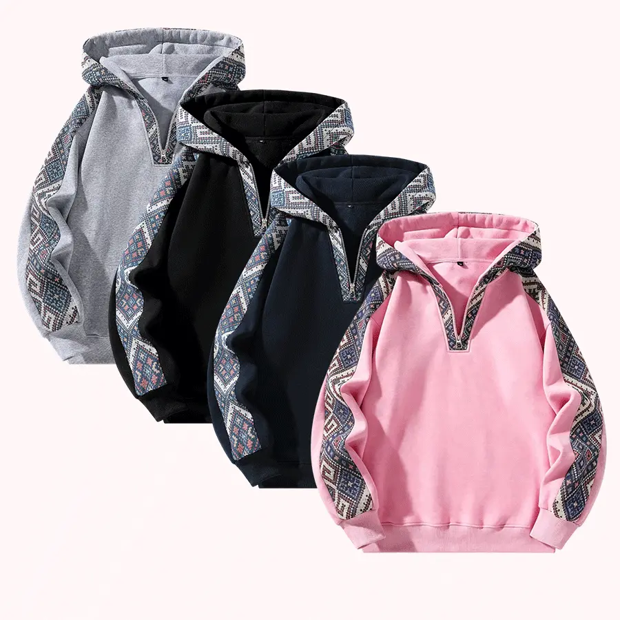 Menswear Half-Zip Hoodie - Ethnic Design, Regular Fit, Solid Color, Casual Tops, Everyday Casual Clothes for Spring, Autumn, Stylish