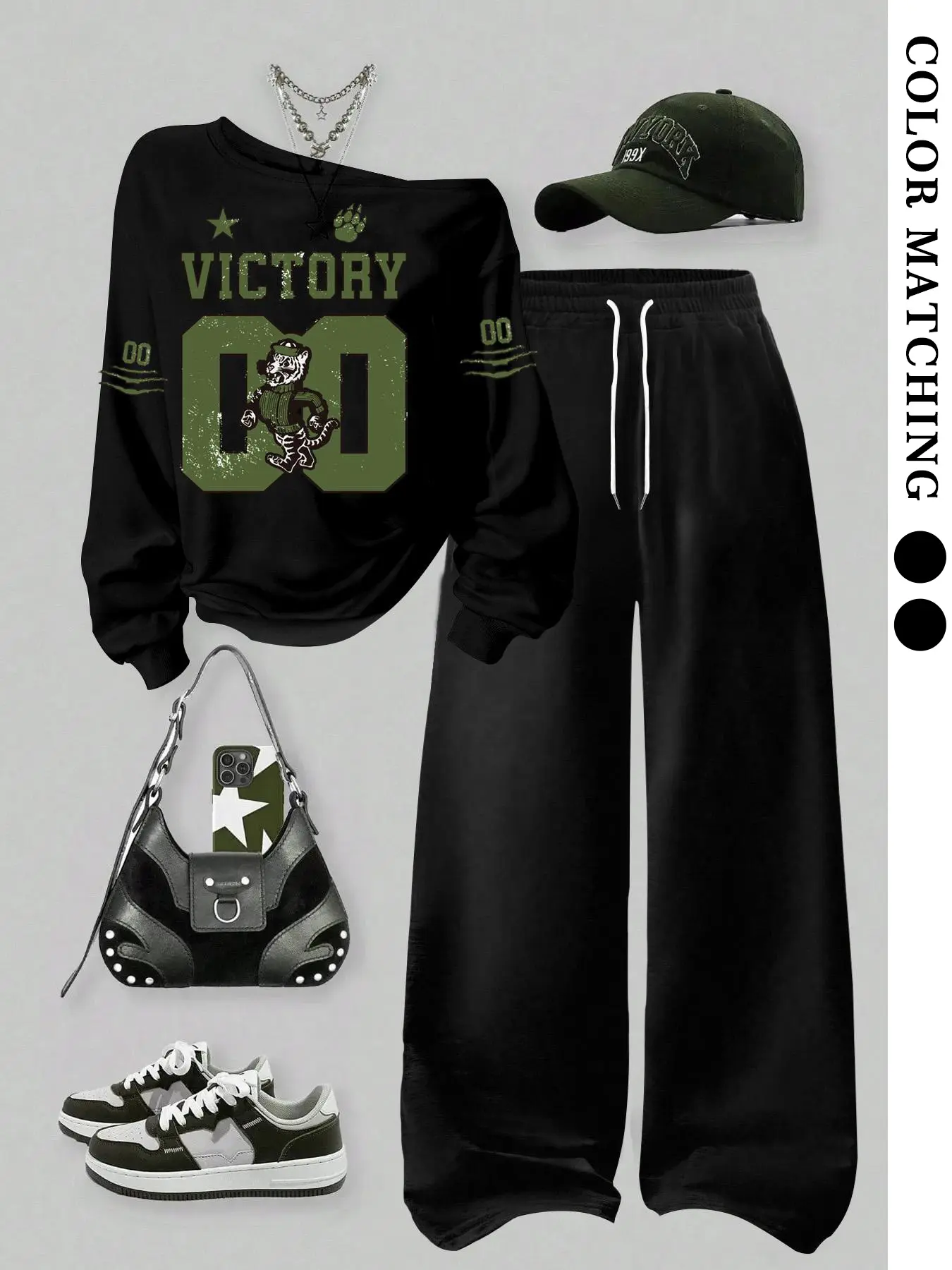 Tiger Head Victory Pattern Tracksuit, Athleisure Sweatsuit, Athleisure Activewear Clothing, Black and Olive Green Two-Piece Casual Set, Retro Tiger Head Print Streetwear, Loose-Fit Pants and Hoodie, Casual Sweatsuits Set