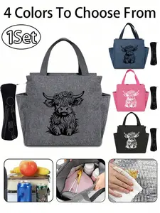Insulated Lunch Bag Set, Durable Lunch Bag, Reusable Lunch Bag, Includes Lunch Bag and Utensil Storage Bag, Large Capacity Dual Pocket, Cow Pattern, Portable Travel Picnic Bag